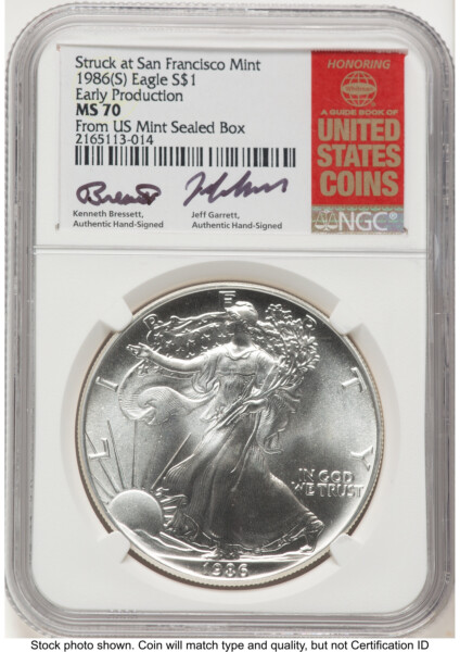 1986-(S) Silver Eagle Early Production Kenneth Bressett/Jeff Garrett Red Book From US Mint Sealed Box 70 NGC