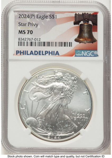 2024-(P) Silver Eagle (Privy Mark) Philadelphia Liberty Bell Flag Label 70 NGC
