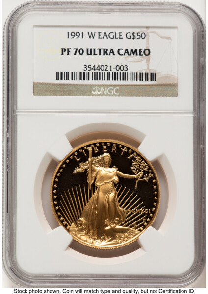 1991-W Proof Gold Eagle 1 oz Brown Label 70 NGC