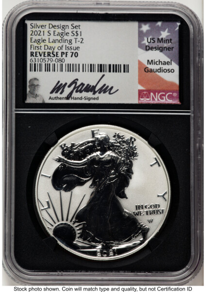2021-S TY2 Reverse Proof Silver Eagle 1 oz FDI Michael Gaudioso Blk Core 70 NGC