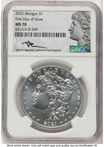 2021 S$1 6 Coin Morgan & Peace Dollar Set, MS FDI John Mercanti Morgan/Peace Label 70 NGC