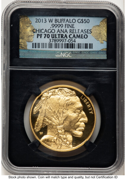2013-W Proof Gold Buffalo 1 oz Chicago ANA Gold Buffalo Label Blk Core 70 NGC