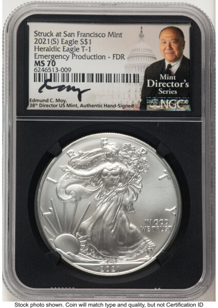 2021-(S) Silver Eagle Type 1 Emergency Production FDR Ed Moy Mint Director's Series Blk Core 70 NGC