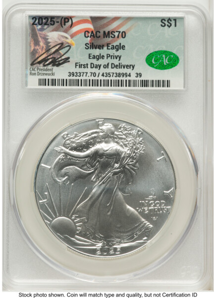 2025-(P) Silver Eagle (Privy Mark) First Day of Delivery Ron Drzewuki 70 CACG