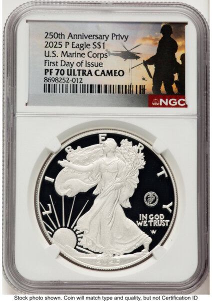 2025-P Proof Silver Eagle Privy U.S. Marine Corps 250th Anniversary 1 oz FDI US Army Helicopter Label 70 NGC