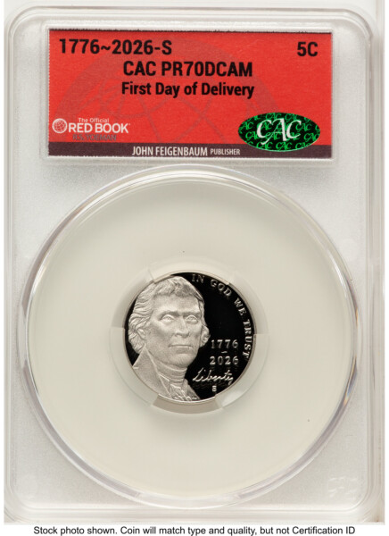 2026-S Semiquincentennial Nickel 5C, PR First Day of Delivery Red Book 70 CACG