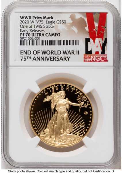 2020-W Proof Gold Eagle V75 Privy One of 1945 Struck 1 oz ER V-Day Label 70 NGC