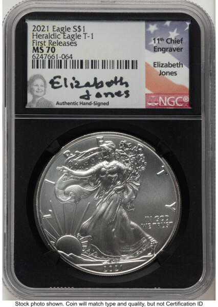 2021 Silver Eagle Type 1 FR Elizabeth Jones Blk Core 70 NGC
