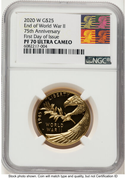 2020-W 1/2 oz Proof Gold End of World War II 75th Anniversary FDI Reagan Bust Art 70 NGC