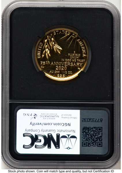 2020-W 1/2 oz Proof Gold End of World War II 75th Anniversary ER Ed Moy/David J Ryder Mint Director's Series Blk Core 70 NGC