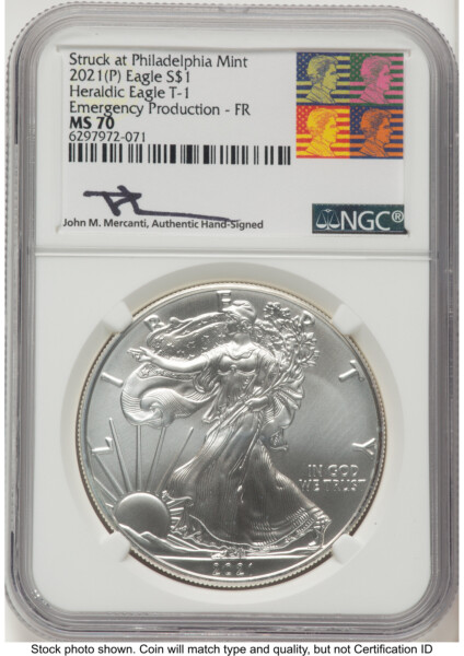 2021-(P) Silver Eagle Type 1 Emergency Production FR John Mercanti Reagan Bust Art 70 NGC