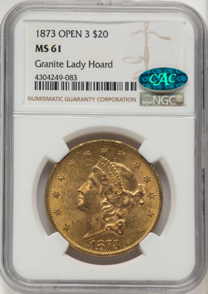 1873 $20 OPEN 3 CAC 61 NGC