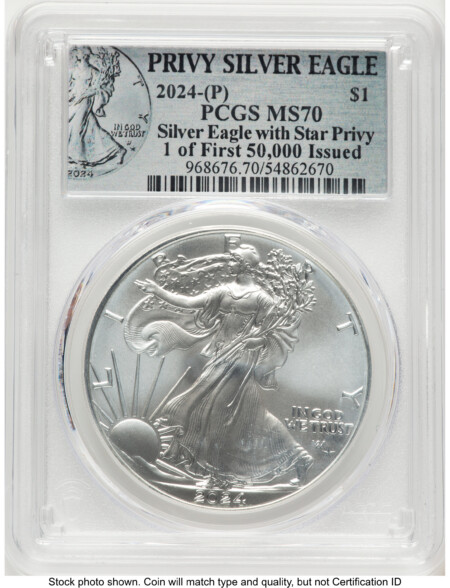 2024-(P) Silver Eagle (Privy Mark) First 50,000 Privy Silver Eagle Label 70 PCGS