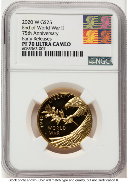2020-W 1/2 oz Proof Gold End of World War II 75th Anniversary ER Reagan Bust Art 70 NGC