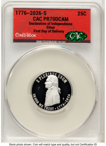 2026-S Semiquincentennial Declaration of Independence Quarter 25C, PR First Day of Delivery Red Book 70 CACG