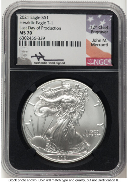 2021 Silver Eagle Type 1 John Mercanti Last Day of Production Blk Core 70 NGC