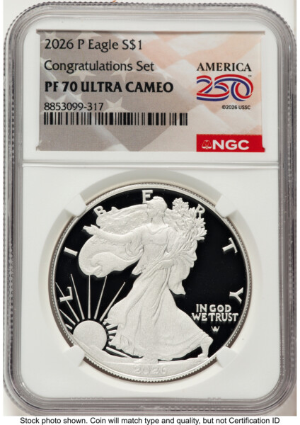2026-P Proof Silver Eagle Congratulations Set 1 oz America 250 Label 70 NGC