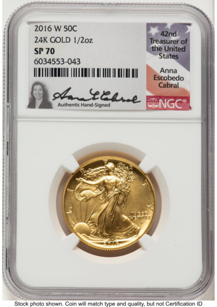 2016-W 50C Walking Liberty 100th Anniversary Gold Centennial  Anna Cabral 70 NGC