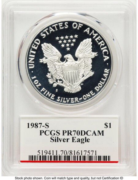 1987-S Proof Silver Eagle 1 oz John Mercanti Bridge 70 PCGS