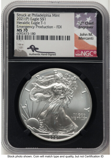 2021-(P) Silver Eagle Type 1 Emergency Production FDI John Mercanti Blk Core 70 NGC