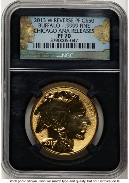 2013-W Reverse Proof Gold Buffalo 1 oz Chicago ANA Gold Buffalo Label Blk Core 70 NGC