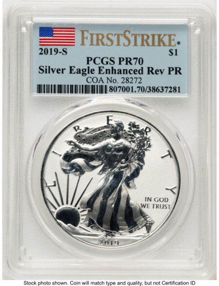2019-S Enhanced Reverse Proof Silver Eagle 1 oz FS Flag 70 PCGS