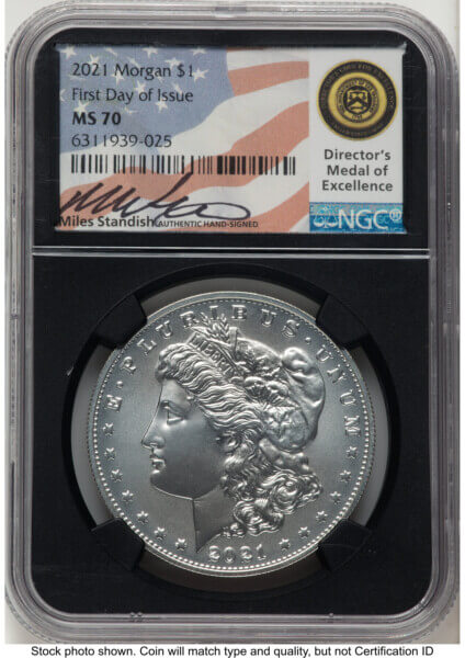 2021 S$1 6 Coin Morgan & Peace Dollar Set, MS FDI Miles Standish Blk Core 70 NGC