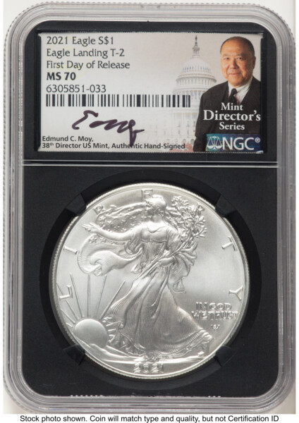 2021 Silver Eagle Type 2 FDR Ed Moy Mint Director's Series Blk Core 70 NGC