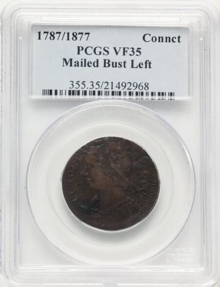 1787/1877 Connecticut Copper, Mailed Bust Left, MS, BN 35 PCGS