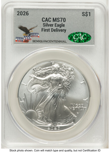 2026 Silver Eagle First Delivery America 250 Eagle with Banner Label 70 CACG