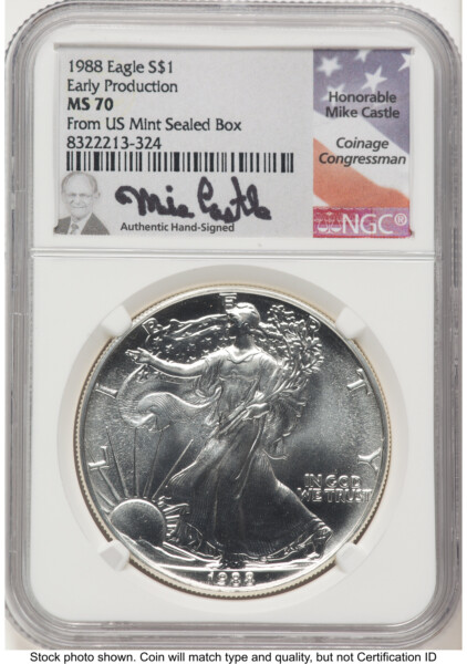 1988 Silver Eagle Early Production Mike Castle From US Mint Sealed Box 70 NGC