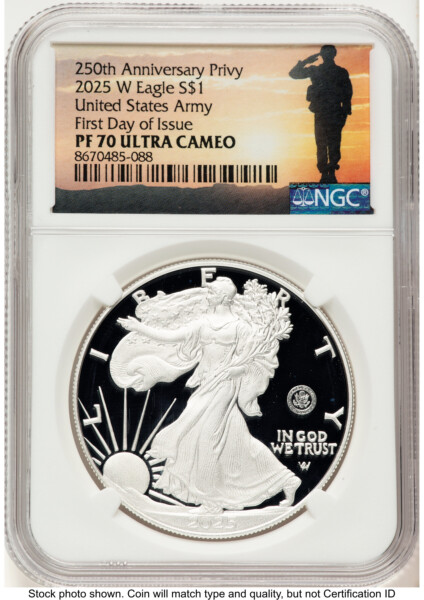2025-W Proof Silver Eagle Privy U.S. Army 250th Anniversary 1 oz FDI Military Honor Orange 70 NGC