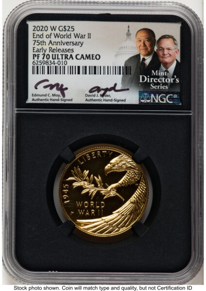 2020-W 1/2 oz Proof Gold End of World War II 75th Anniversary ER Ed Moy/David J Ryder Mint Director's Series Blk Core 70 NGC