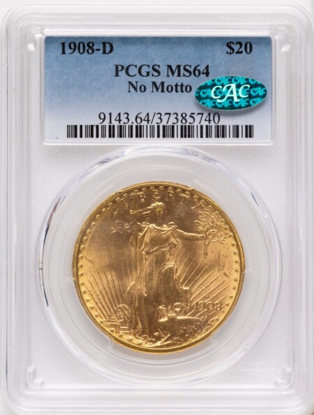 1908-D $20 NO MOTTO CAC 64 PCGS