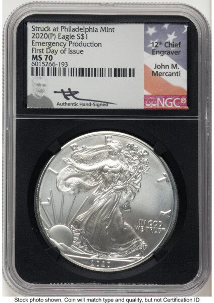 2020-(P) Silver Eagle Emergency Production FDI John Mercanti Blk Core 70 NGC