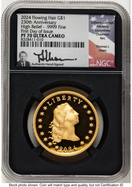2024-(W) Gold 230th Anniversary Flowing Hair Medal FDI Thomas Uram Blk Core 70 NGC