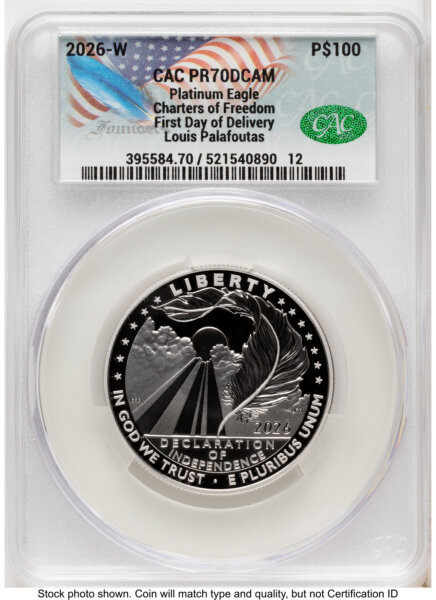2026-W Proof Platinum Eagle 1 oz First Day of Delivery Louis Palafoutas 70 CACG