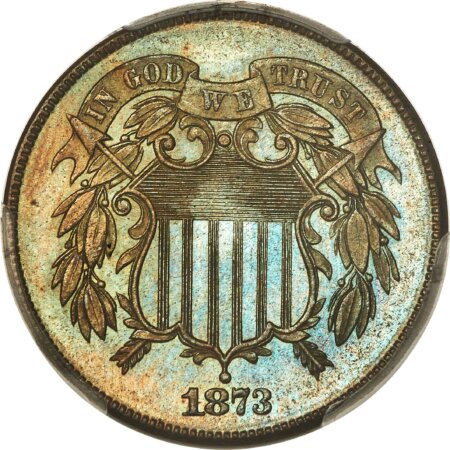 1873 2C OPEN 3, BN CAC 66 PCGS