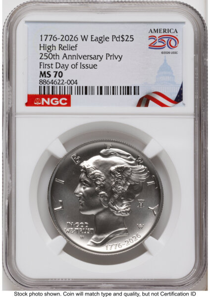2026-W Palladium Eagle 1 oz, Uncirculated FDI America 250 Congress Building Label 70 NGC