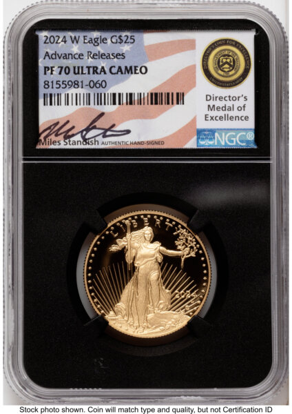 2024-W Proof Gold Eagle 1/2 oz AR Miles Standish Blk Core 70 NGC