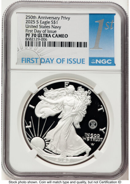 2025-S Proof Silver Eagle Privy U.S. Navy 250th Anniversary 1 oz FDI 1ST 70 NGC