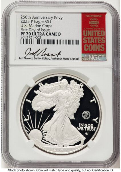 2025-P Proof Silver Eagle Privy U.S. Marine Corps 250th Anniversary 1 oz FDI Jeff Garrett Red Book 70 NGC