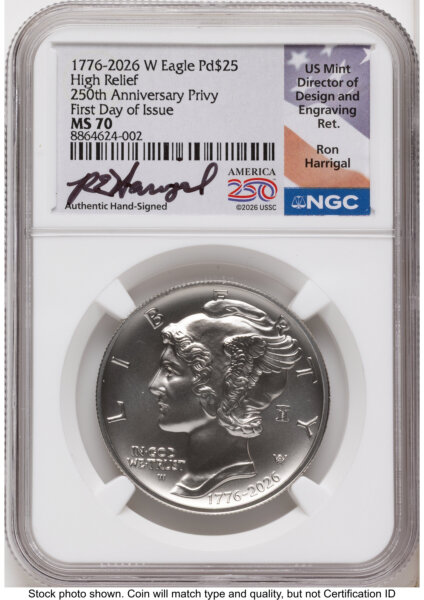 2026-W Palladium Eagle 1 oz, Uncirculated FDI Ron Harrigal America 250 70 NGC