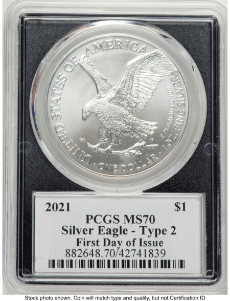 2021 Silver Eagle Type 2 FDI Emily Damstra Blk Frame 70 PCGS