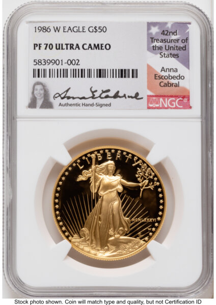 1986-W Proof Gold Eagle 1 oz Anna Cabral 70 NGC