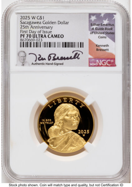 2025-W 1/2 oz Proof Gold Sacagawea 25th Anniversary FDI Kenneth Bressett Portrait 70 NGC