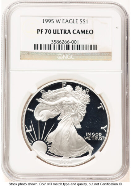 1995-W Proof Silver Eagle 1 oz Brown Label 70 NGC