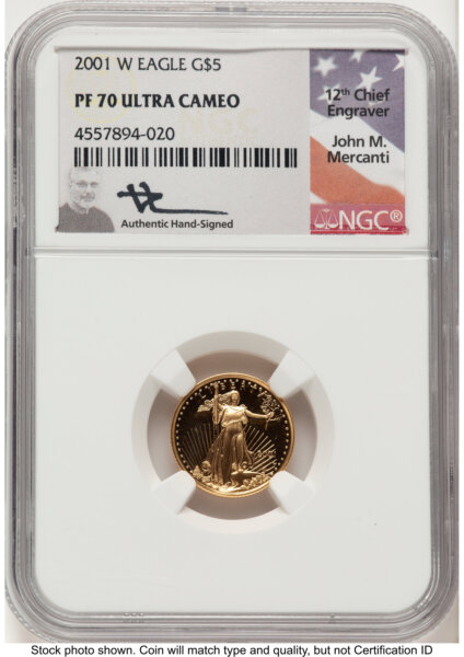 2001-W Proof Gold Eagle 1/10 oz John Mercanti 70 NGC