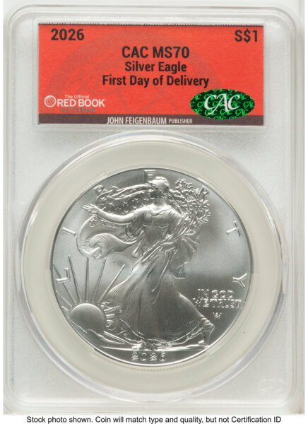 2026 Silver Eagle First Day of Delivery Red Book 70 CACG