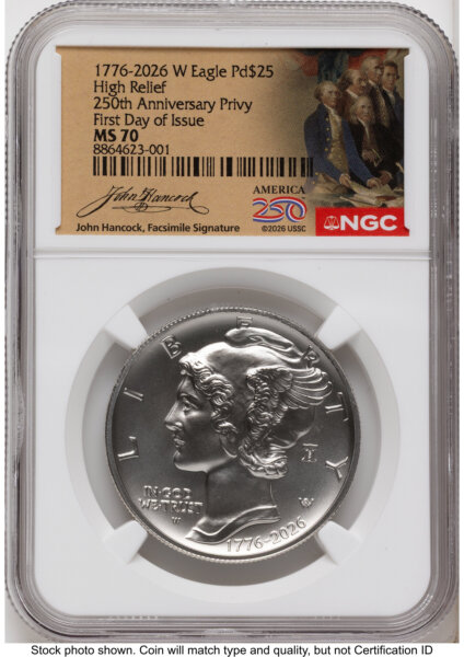 2026-W Palladium Eagle 1 oz, Uncirculated FDI America 250 John Hancock Label 70 NGC